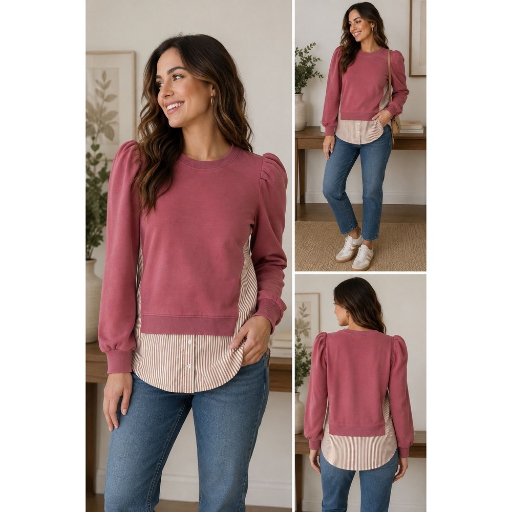 Maeve by Anthropologie Layered Sweatshirt Top Size Small Puff Sleeve Mixed Media